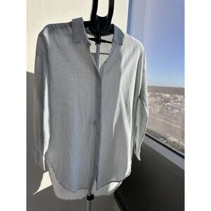 Eileen Fisher Cotton Collared Button-Up Blouse Gray White Striped Long Sleeve WM